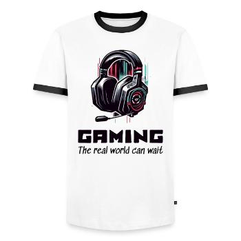 Gaming The real world can wait Gamer Sprüche Shirt - Männer Kontrast-T-Shirt - Weiß/Schwarz - Vorne - AI Model Female 172 light (172cm) & AI Model Male 178 dark (178cm)