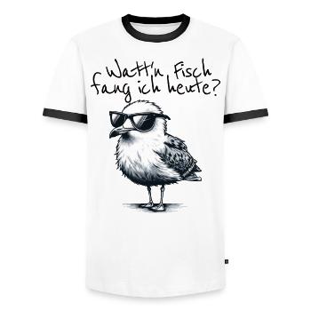 Watt’n Fisch fang ich heute Coole Möwe Spruch - T-shirt contrasté Homme - blanc/noir - Devant - AI Model Female 172 light (172cm) & AI Model Male 178 dark (178cm)
