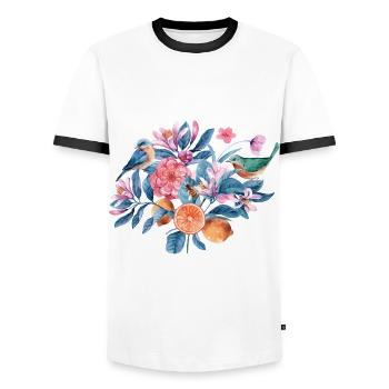 Bunte Blumen und Vögel - Männer Kontrast-T-Shirt - Weiß/Schwarz - Vorne - AI Model Female 172 light (172cm) & AI Model Male 178 dark (178cm)