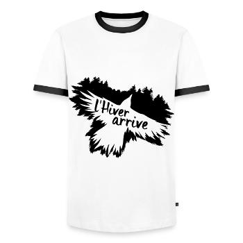 L' hiver arrive - T-shirt contrasté Homme - blanc/noir - Devant - AI Model Female 172 light (172cm) & AI Model Male 178 dark (178cm)