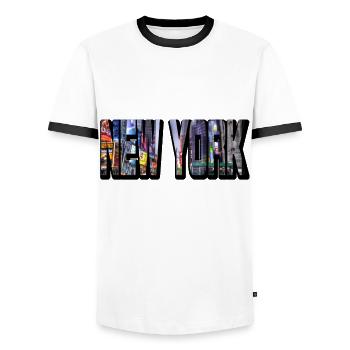 New York City USA America America Skyline Font - Men's Ringer Shirt - white/black - Front - AI Model Female 172 light (172cm) & AI Model Male 178 dark (178cm)