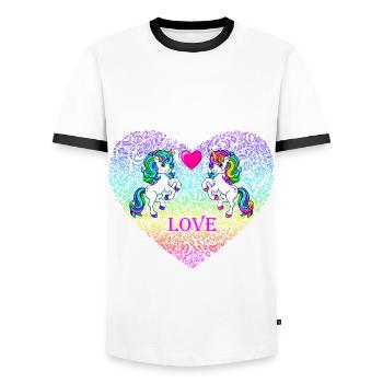 Einhorn Paar Herz Liebe Valentinstag 2022 - Männer Kontrast-T-Shirt - Weiß/Schwarz - Vorne - AI Model Female 172 light (172cm) & AI Model Male 178 dark (178cm)