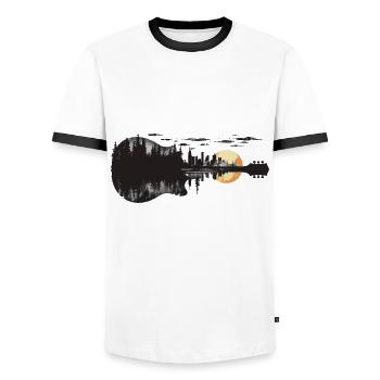 Guitare, Arbres, Forêt, Nature, Skyline, Soleil, Art, Musique - T-shirt contrasté Homme - blanc/noir - Devant - AI Model Female 172 light (172cm) & AI Model Male 178 dark (178cm)
