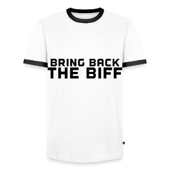 Bring Back The Biff - Men's Ringer Shirt - white/black - Front - AI Model Female 172 light (172cm) & AI Model Male 178 dark (178cm)