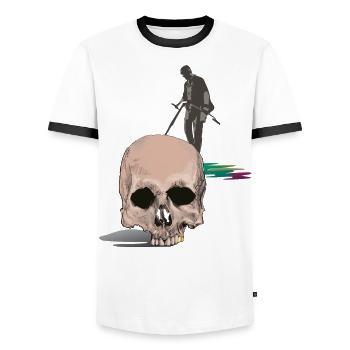 Le chasseur de trésor trouve le crâne avec la dent en or - T-shirt contrasté Homme - blanc/noir - Devant - AI Model Female 172 light (172cm) & AI Model Male 178 dark (178cm)