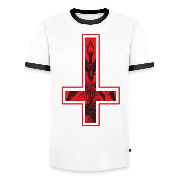 Occult Gothic Satan Witch Baphomet In The Cross - Men's Ringer Shirt - white/black - Front - AI Model Female 172 light (172cm) & AI Model Male 178 dark (178cm)