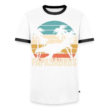 Papasaurus T-Rex Papa Father's Day Dad - Men's Ringer Shirt - white/black - Front - AI Model Female 172 light (172cm) & AI Model Male 178 dark (178cm)