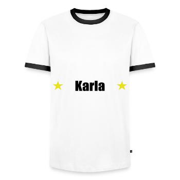 Karla Last Name First Name Birthday - Men's Ringer Shirt - white/black - Front - AI Model Female 172 light (172cm) & AI Model Male 178 dark (178cm)