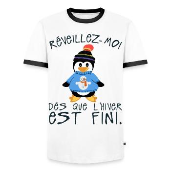 citation humour reveillez moi hiver fini - T-shirt contrasté Homme - blanc/noir - Devant - AI Model Female 172 light (172cm) & AI Model Male 178 dark (178cm)