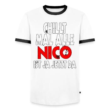 Chillt mal alle Nico ist ja jetzt da - fun Gift - Männer Kontrast-T-Shirt - Weiß/Schwarz - Vorne - AI Model Female 172 light (172cm) & AI Model Male 178 dark (178cm)