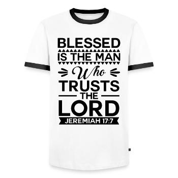 Gesegnet ist der Mann der dem Herrn vertraut Jesus - Männer Kontrast-T-Shirt - Weiß/Schwarz - Vorne - AI Model Female 172 light (172cm) & AI Model Male 178 dark (178cm)