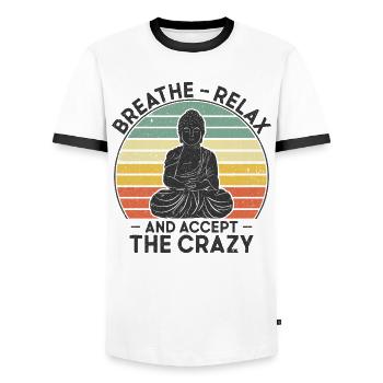 Breathe Relax & Accept Crazy Yoga Meditation - Men's Ringer Shirt - white/black - Front - AI Model Female 172 light (172cm) & AI Model Male 178 dark (178cm)