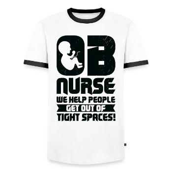 OB Nurse We Help People Get Out Of Tight Spaces! - Men's Ringer Shirt - white/black - Front - AI Model Female 172 light (172cm) & AI Model Male 178 dark (178cm)