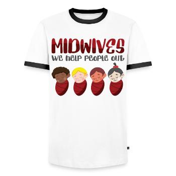 Midwives We Help People Out Geburtshilfe Hebamme - Männer Kontrast-T-Shirt - Weiß/Schwarz - Vorne - AI Model Female 172 light (172cm) & AI Model Male 178 dark (178cm)