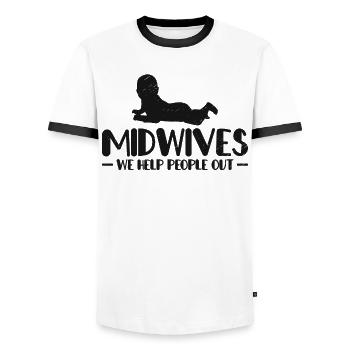 Midwives We Help People Out Geburtshilfe Hebamme - Männer Kontrast-T-Shirt - Weiß/Schwarz - Vorne - AI Model Female 172 light (172cm) & AI Model Male 178 dark (178cm)