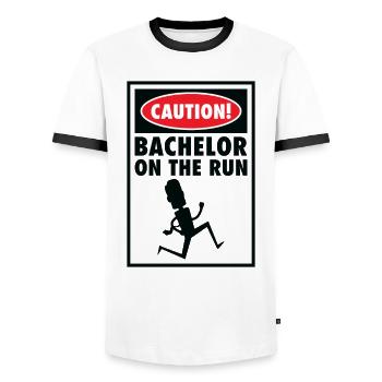 Bachelor Caution Groom Marrying Wedding Day - Men's Ringer Shirt - white/black - Front - AI Model Female 172 light (172cm) & AI Model Male 178 dark (178cm)
