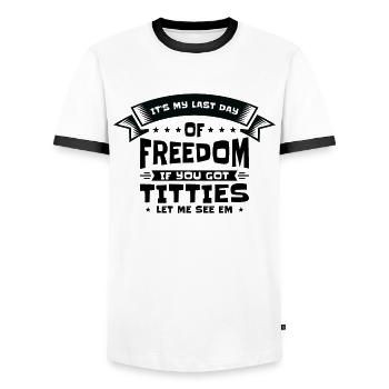 Bachelor Drinking Freedom Titties Bachelor Party - Men's Ringer Shirt - white/black - Front - AI Model Female 172 light (172cm) & AI Model Male 178 dark (178cm)