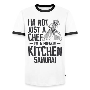 Chef Japanese Samurai Cooking Baking Meals - Men's Ringer Shirt - white/black - Front - AI Model Female 172 light (172cm) & AI Model Male 178 dark (178cm)