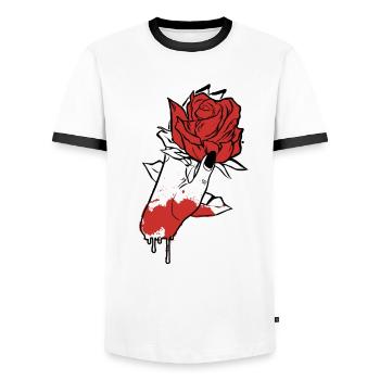 Aesthetic Dark Pattern Hand Bleeding Holding Rose - Men's Ringer Shirt - white/black - Front - AI Model Female 172 light (172cm) & AI Model Male 178 dark (178cm)