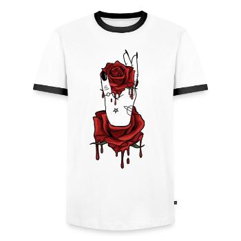 Aesthetic Dark Pattern Hand Bleeding Holding Rose - Men's Ringer Shirt - white/black - Front - AI Model Female 172 light (172cm) & AI Model Male 178 dark (178cm)