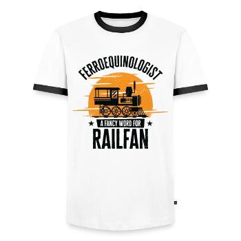 Ferroequinologist Train Railfan Locomotive Hobby - Men's Ringer Shirt - white/black - Front - AI Model Female 172 light (172cm) & AI Model Male 178 dark (178cm)