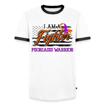 Psoriasis Warrior Fighter Lavender Orange Ribbon - Men's Ringer Shirt - white/black - Front - AI Model Female 172 light (172cm) & AI Model Male 178 dark (178cm)