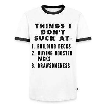 Trading Card Game Collector Funny Things I Don't - Men's Ringer Shirt - white/black - Front - AI Model Female 172 light (172cm) & AI Model Male 178 dark (178cm)