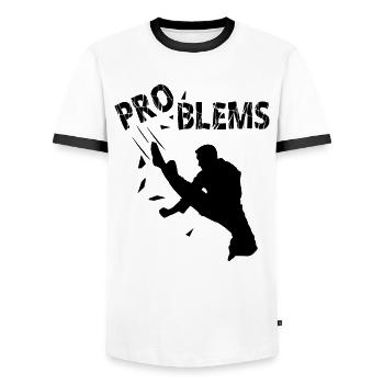Combat d’arts martiaux de karaté à problèmes - T-shirt contrasté Homme - blanc/noir - Devant - AI Model Female 172 light (172cm) & AI Model Male 178 dark (178cm)