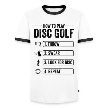 Comment jouer à Disc Golf Funnier - T-shirt contrasté Homme - blanc/noir - Devant - AI Model Female 172 light (172cm) & AI Model Male 178 dark (178cm)