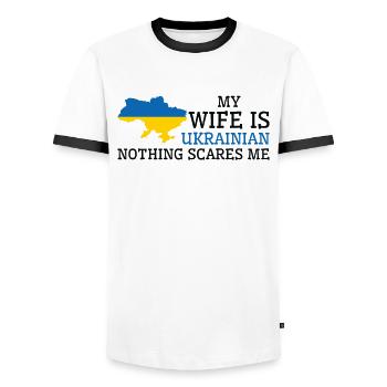 Rien ne me fait peur épouse ukrainienne Ukraine - T-shirt contrasté Homme - blanc/noir - Devant - AI Model Female 172 light (172cm) & AI Model Male 178 dark (178cm)