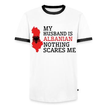 Nothing Scares Me Albanian Husband Albania - Men's Ringer Shirt - white/black - Front - AI Model Female 172 light (172cm) & AI Model Male 178 dark (178cm)