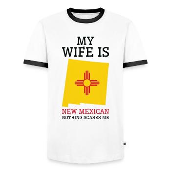 Nothing Scares Me New Mexican Wife New Mexico - Men's Ringer Shirt - white/black - Front - AI Model Female 172 light (172cm) & AI Model Male 178 dark (178cm)