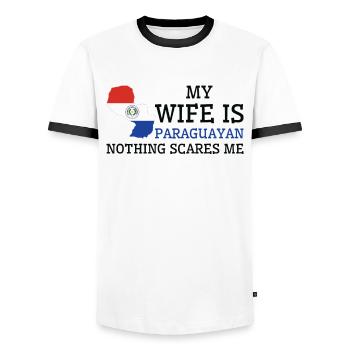 Nothing Scares Me Paraguayan Wife Paraguay - Men's Ringer Shirt - white/black - Front - AI Model Female 172 light (172cm) & AI Model Male 178 dark (178cm)