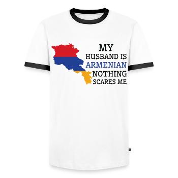 Nichts macht mir Angst Armenischer Ehemann - Männer Kontrast-T-Shirt - Weiß/Schwarz - Vorne - AI Model Female 172 light (172cm) & AI Model Male 178 dark (178cm)