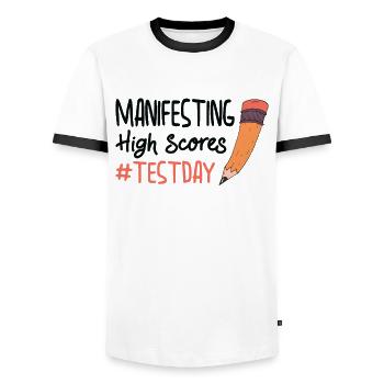 Manifestation du jour du test pour les étudiants qui ont un - T-shirt contrasté Homme - blanc/noir - Devant - AI Model Female 172 light (172cm) & AI Model Male 178 dark (178cm)