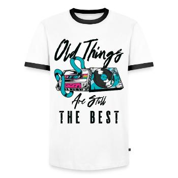 Antiquing Vinyl Cassette Music Vintage Lover - Men's Ringer Shirt - white/black - Front - AI Model Female 172 light (172cm) & AI Model Male 178 dark (178cm)
