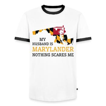 Nichts macht mir Angst Marylander Ehemann Maryland - Männer Kontrast-T-Shirt - Weiß/Schwarz - Vorne - AI Model Female 172 light (172cm) & AI Model Male 178 dark (178cm)