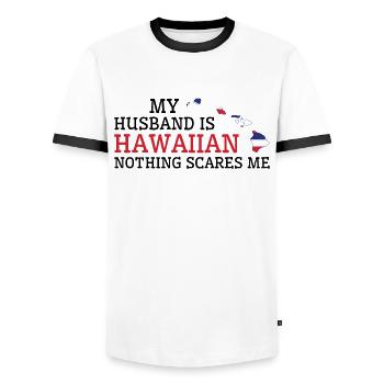 Rien ne me fait peur mari hawaïen - T-shirt contrasté Homme - blanc/noir - Devant - AI Model Female 172 light (172cm) & AI Model Male 178 dark (178cm)