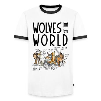 Les loups du monde - T-shirt contrasté Homme - blanc/noir - Devant - AI Model Female 172 light (172cm) & AI Model Male 178 dark (178cm)