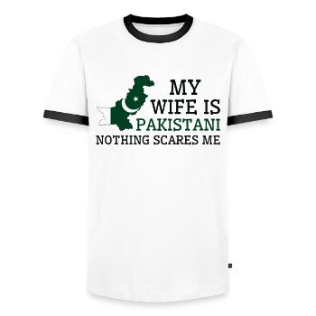 Nothing Scares Me Pakistani Wife Pakistan - Men's Ringer Shirt - white/black - Front - AI Model Female 172 light (172cm) & AI Model Male 178 dark (178cm)