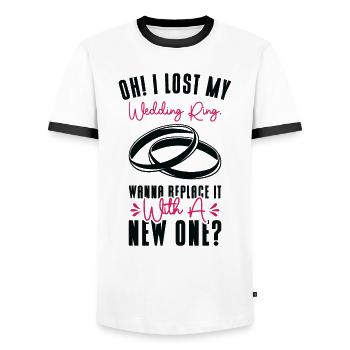 Couple Relationship Wedding Ring Pick Up Lines - Men's Ringer Shirt - white/black - Front - AI Model Female 172 light (172cm) & AI Model Male 178 dark (178cm)