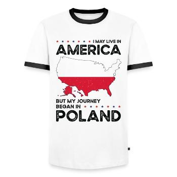 Born Polish Poland American USA Citizenship - Men's Ringer Shirt - white/black - Front - AI Model Female 172 light (172cm) & AI Model Male 178 dark (178cm)