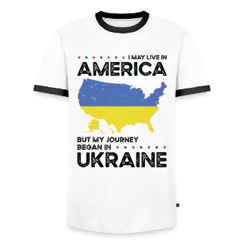Born Ukrainian Ukraine American USA Citizenship - Men's Ringer Shirt - white/black - Front - AI Model Female 172 light (172cm) & AI Model Male 178 dark (178cm)