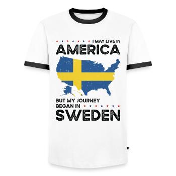 Né en Suède Suède Américains USA - T-shirt contrasté Homme - blanc/noir - Devant - AI Model Female 172 light (172cm) & AI Model Male 178 dark (178cm)