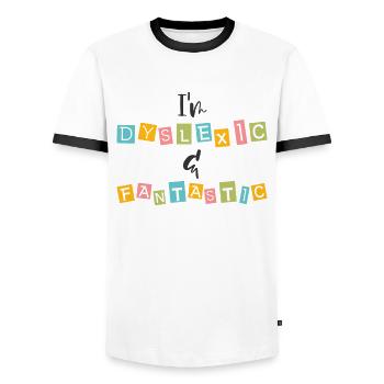 Dyslexia Awareness Colorful Learning Disability - Men's Ringer Shirt - white/black - Front - AI Model Female 172 light (172cm) & AI Model Male 178 dark (178cm)
