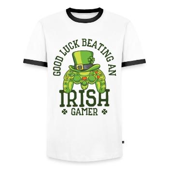 St. Patrick's Day Gaming Shamrock Gamer Video - Men's Ringer Shirt - white/black - Front - AI Model Female 172 light (172cm) & AI Model Male 178 dark (178cm)