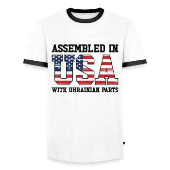 Born Ukrainian Ukraine American USA Citizenship - Men's Ringer Shirt - white/black - Front - AI Model Female 172 light (172cm) & AI Model Male 178 dark (178cm)