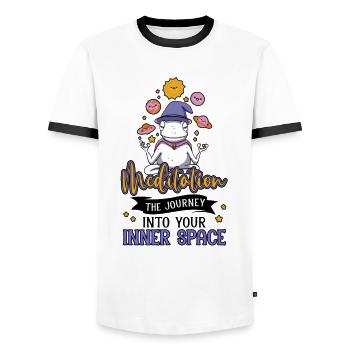 Weltraumpilz meditiert Sonnensystem Wissenschaft - Männer Kontrast-T-Shirt - Weiß/Schwarz - Vorne - AI Model Female 172 light (172cm) & AI Model Male 178 dark (178cm)