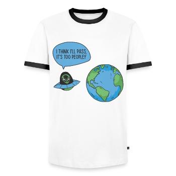 Space Alien Astronomy Alien Spaceship Comic - Men's Ringer Shirt - white/black - Front - AI Model Female 172 light (172cm) & AI Model Male 178 dark (178cm)