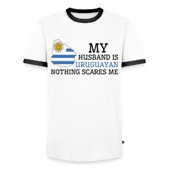 Nothing Scares Me My Wife Is Uruguayan Husband - Men's Ringer Shirt - white/black - Front - AI Model Female 172 light (172cm) & AI Model Male 178 dark (178cm)